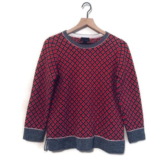 J. Crew Collection Cashmere Red Navy Diamond Print Crew Neck - Picture 2 of 8